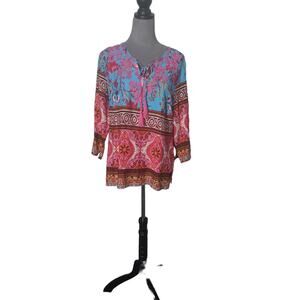 Anthropologie Aziza Top Embroidered Boho Paisely Tie Neck Tassel Cottagecore M